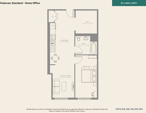 Floor plan for 2 beds, 2 baths, 668 sqft